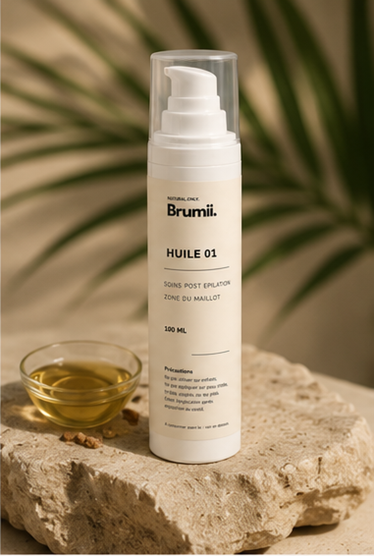 Brumii HUILE 01 soins post épilation posé sur une pierre avec un bol d'huile végétale et un feuillage en arriére plan