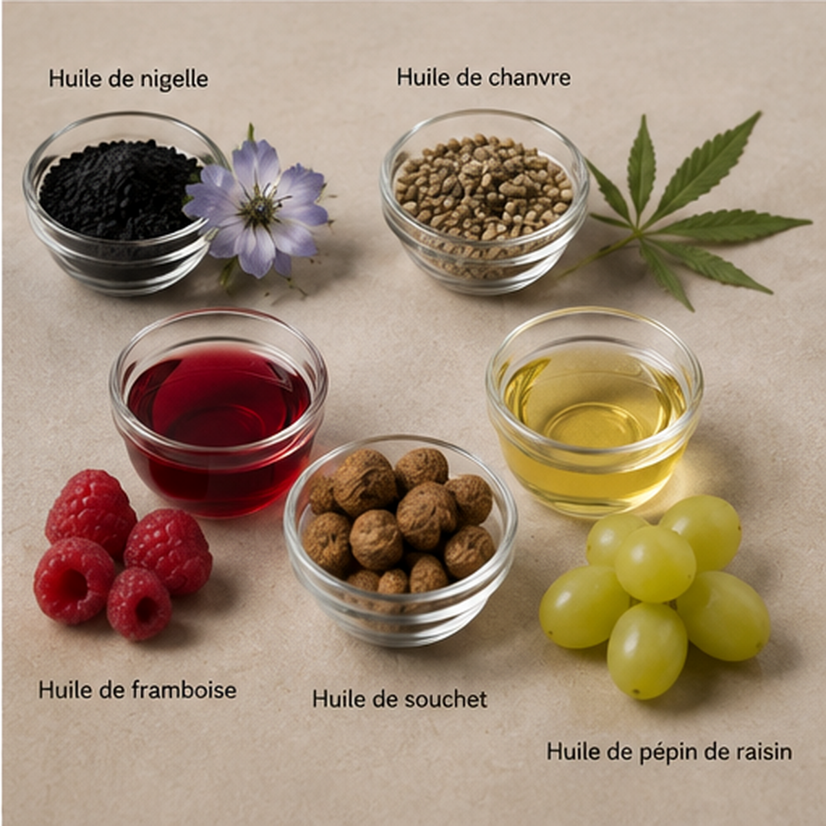 HUILE 01 Brumii contient de l'huile de nigelle,, de l'huile de chanvre, de l'huile de pépin de raisin, de l'huile de souchet et de l'huile de framboise